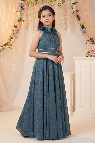 Blue High-Neck Floral Emblished Full-Length Party Gown For Girls